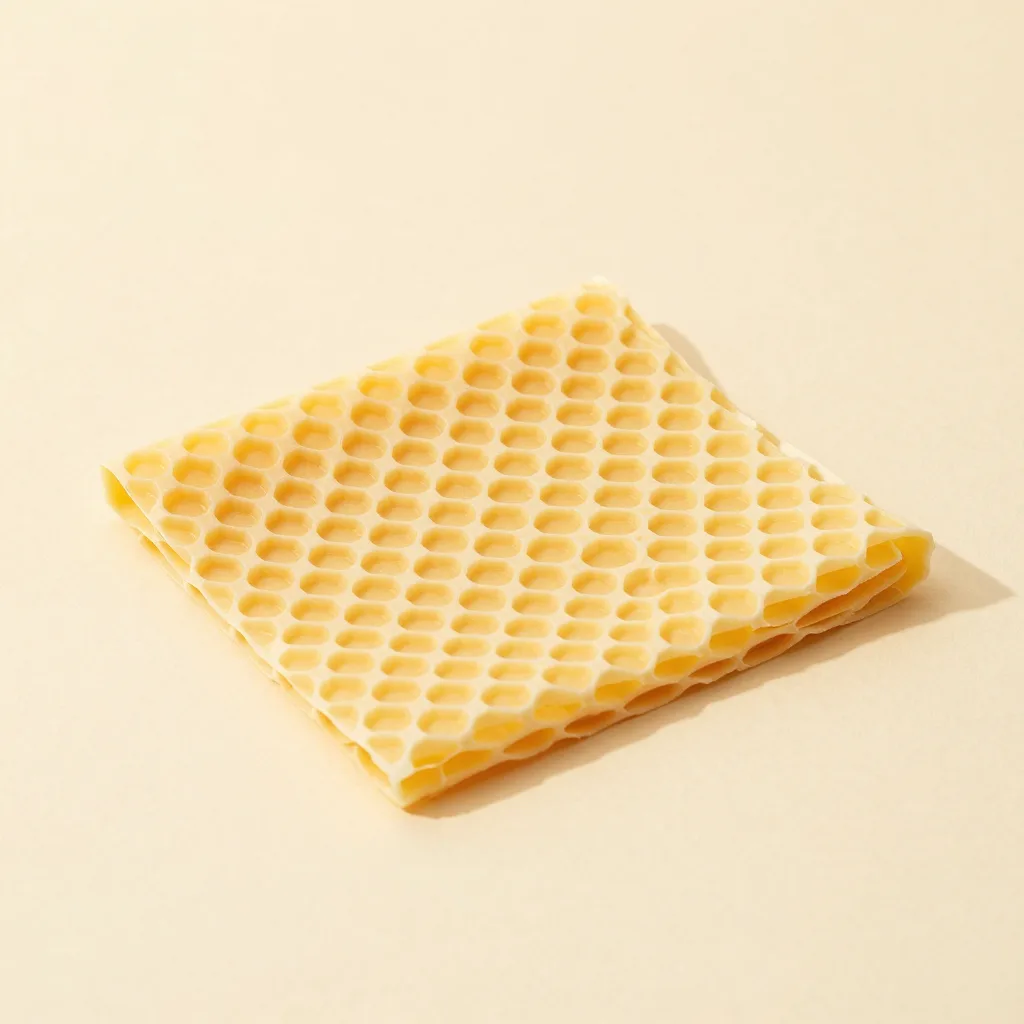 A small beeswax wrap in honeycomb print on a light background