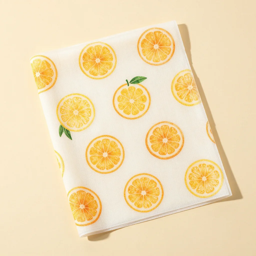 A medium beeswax wrap in citrus print on a light background