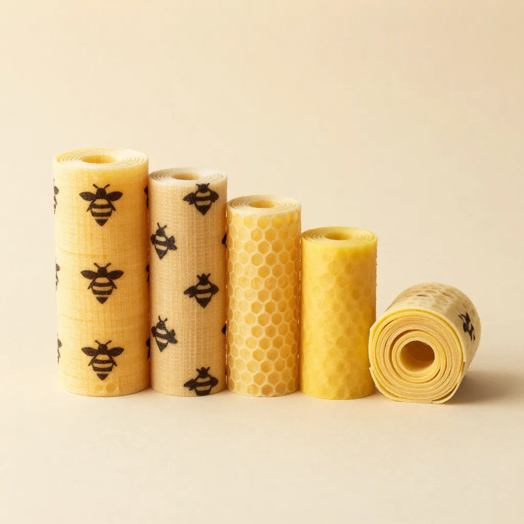 Five beeswax wraps in mixed sizes on a light background