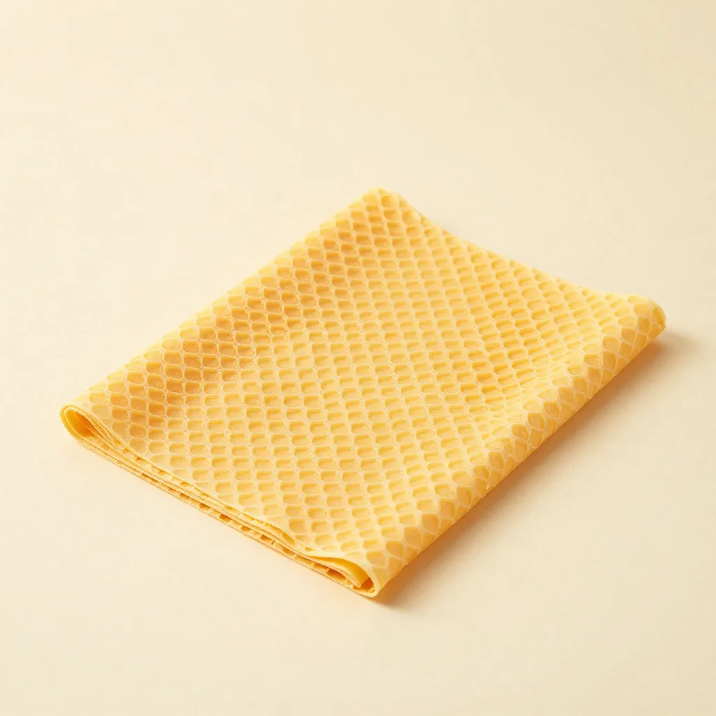 A lunch beeswax wrap in honeycomb print on a light background